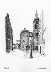 603278 Gezicht in Achter de Dom te Utrecht uit het noorden met de kapittelzaal en het claustrale huis van de Dom, ...